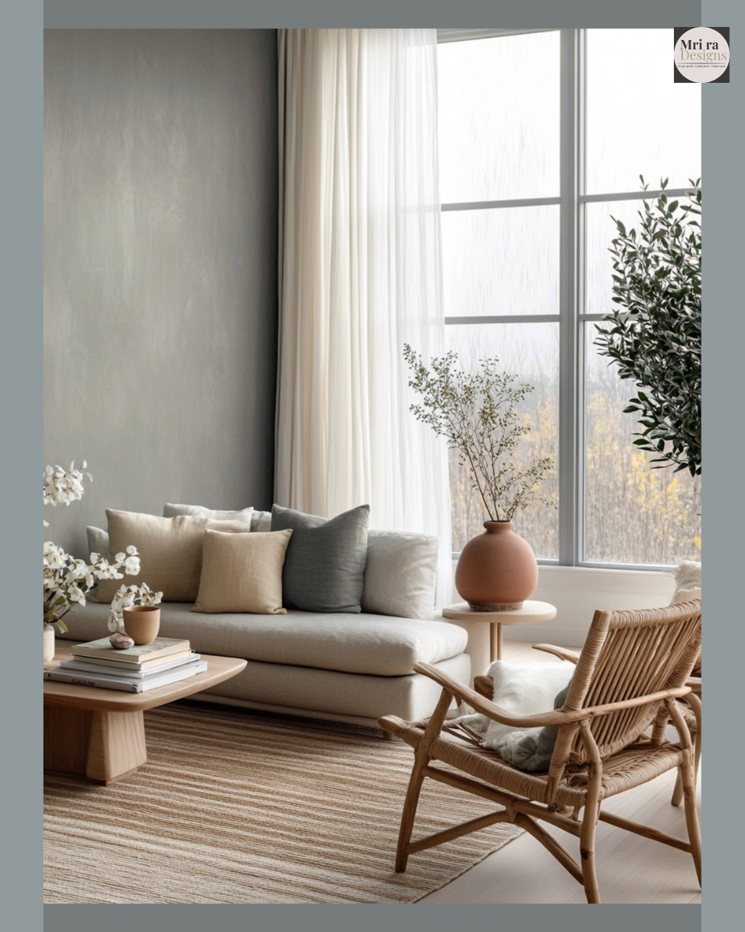Completed organic modern living room with linen sofa, rattan chair, dusty blue walls and terracotta vases